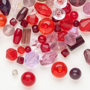 Bead mix glass 1pkg1 3mm-14x12mm mixed shapes opaque / transparent multi-red 1 ounce