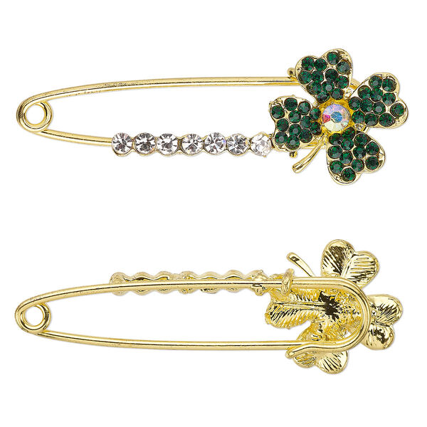 Brooch, glass rhinestone with gold-finished steel and "pewter" (zinc-based alloy), emerald green, emerald green / clear / clear AB, 58x20mm safety pin with 20x20mm clover. Sold individually. image number 0