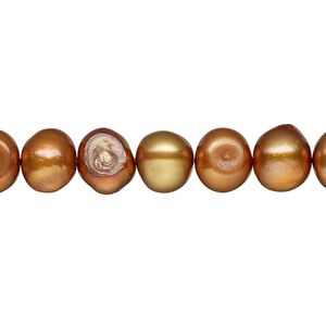 Pearl, cultured freshwater (dyed), burnt umber, 8-10mm flat-sided potato, D- grade, Mohs hardness 2-1/2 to 4. Sold per 15-inch strand.