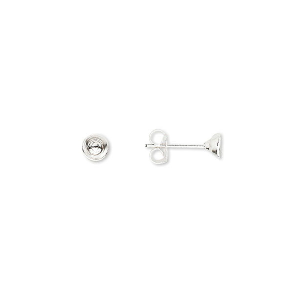 Earstud, sterling silver, 4mm with cup, fits 5-6mm bead. Sold per pkg of 5 pairs. image number 0