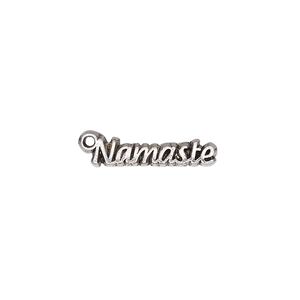Charm, pewter (tin-based alloy), pkg/1, antique silver plate, 18.5x5mm single-sided "Namaste."
