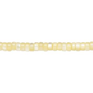 Bead, mother-of-pearl shell (dyed), yellow, 3x2mm heishi, Mohs hardness 3-1/2. Sold per 15-1/2 to 16-inch strand.