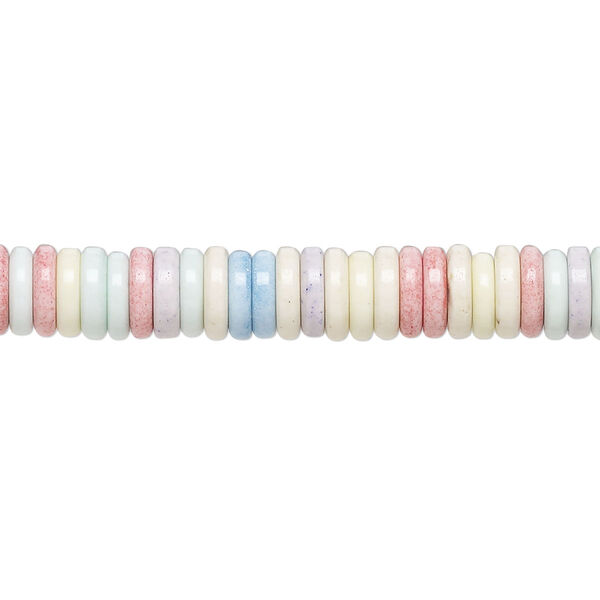 Bead, porcelain, opaque shiny multicolored, 6.5x1.5mm heishi. Sold per 8-inch strand, approximately 105 to 125 beads. image number 0