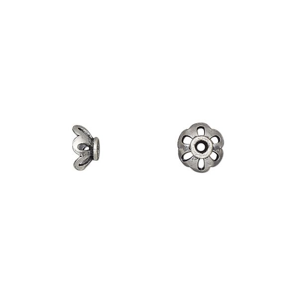 Bead cap, sterling silver, 7x4mm open round, fits 6-8mm bead. Sold per pkg of 6. image number 0