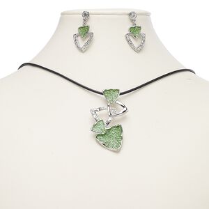 Necklace and earring set, enamel / waxed cotton cord / imitation rhodium-plated steel / "pewter" (zinc-based alloy), black and green, 56x32mm triangles, 18-inch necklace with 2-inch extender chain and lobster claw clasp, 35mm earrings with post. Sold per set.