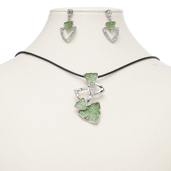 Necklace and earring set, enamel / waxed cotton cord / imitation rhodium-plated steel / "pewter" (zinc-based alloy), black and green, 56x32mm triangles, 18-inch necklace with 2-inch extender chain and lobster claw clasp, 35mm earrings with post. Sold per set. image number 0