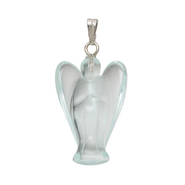 Pendant, glass with silver-finished brass bail, aqua blue, 25x17mm-27x17mm hand-cut 3D angel. Sold individually. image number 0