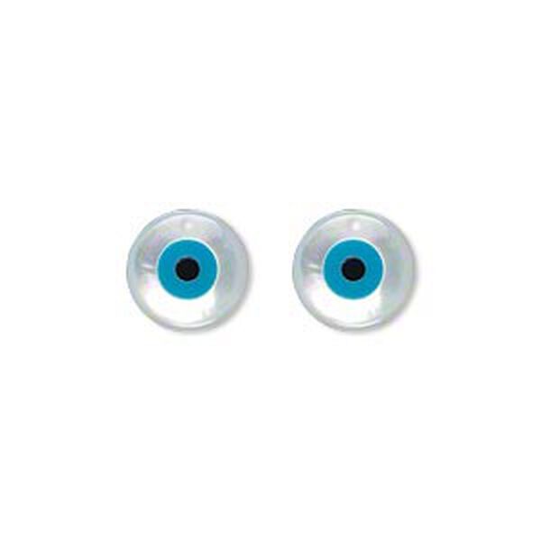 Drop, mother-of-pearl shell (assembled), white / blue / black, 10mm flat round with wards off the evil eye design. Sold per pkg of 2. image number 0