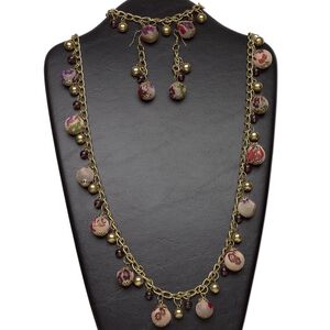 Necklace, bracelet and earring set, gold-finished steel / polyester chiffon / mango wood, multicolored, 18mm round with floral print, 38-inch necklace with lobster claw clasp and 3-1/2 inch extender chain, 8-inch bracelet with 2-inch extender chain and matching 77x15mm earrings with fishhook ear wire. Sold per set.