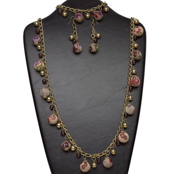 Necklace, bracelet and earring set, gold-finished steel / polyester chiffon / mango wood, multicolored, 18mm round with floral print, 38-inch necklace with lobster claw clasp and 3-1/2 inch extender chain, 8-inch bracelet with 2-inch extender chain and matching 77x15mm earrings with fishhook ear wire. Sold per set. image number 0
