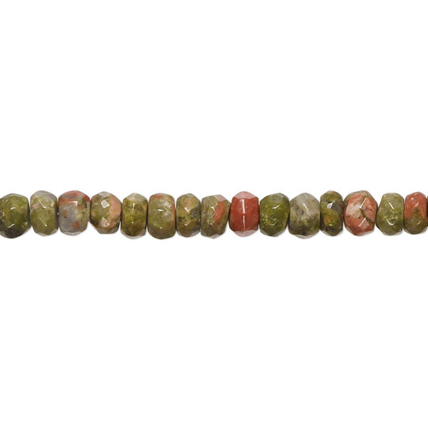 Bead, unakite (natural), 4x2mm-5x4mm hand-cut faceted rondelle with 0.4-1.4mm hole, B grade, Mohs hardness 6 to 7. Sold per 8-inch strand, approximately 70 beads. image number 0