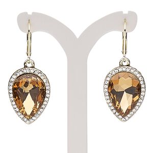 Earring, glass rhinestone / glass / gold-finished brass / "pewter" (zinc-based alloy), clear and topaz brown, 42mm with teardrop and leverback ear wire. Sold per pair.