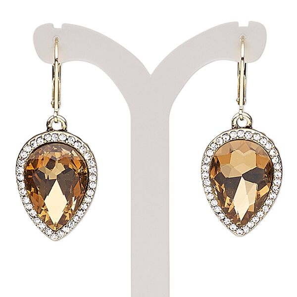 Earring, glass rhinestone / glass / gold-finished brass / "pewter" (zinc-based alloy), clear and topaz brown, 42mm with teardrop and leverback ear wire. Sold per pair. image number 0