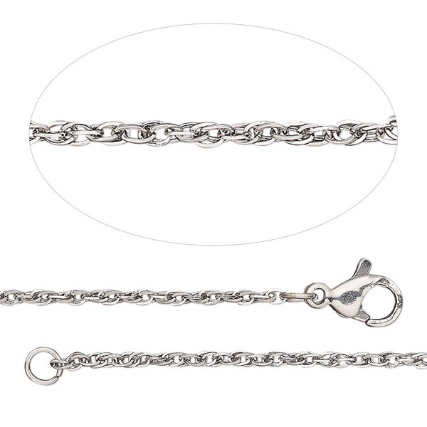 Chain, stainless steel, 1.6mm triple rope, adjustable at 18 and 20 inches with lobster claw clasp. Sold individually. image number 0