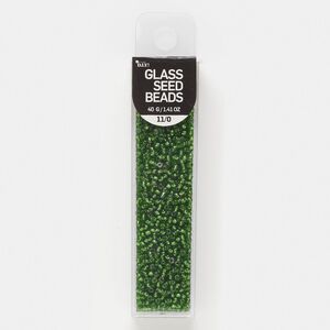 Seed bead, glass, pkg/40g, #11 round, translucent silver-lined green.