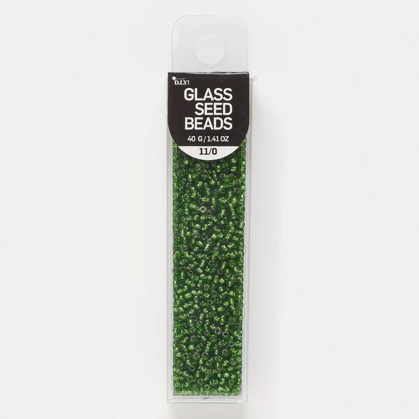 Seed bead, glass, pkg/40g, #11 round, translucent silver-lined green. image number 0
