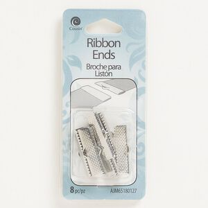 Ribbon crimp end, silver-finished "pewter" (zinc-based alloy), 24.5 x 7mm textured rectangle. Sold per pkg of 8.