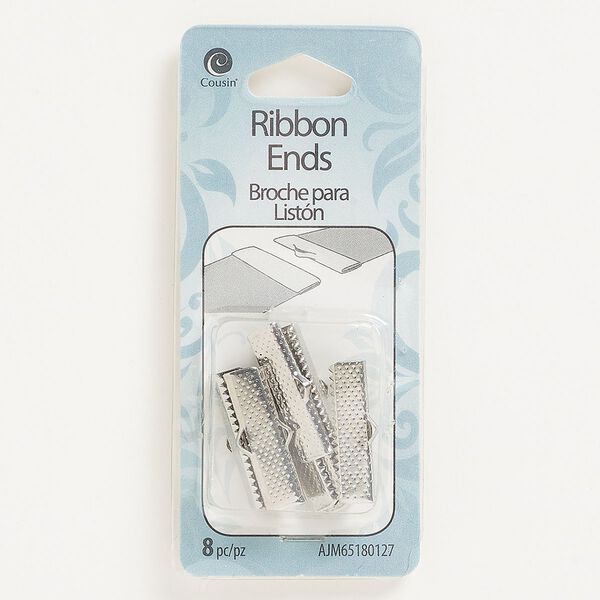 Ribbon crimp end, silver-finished "pewter" (zinc-based alloy), 24.5 x 7mm textured rectangle. Sold per pkg of 8. image number 0