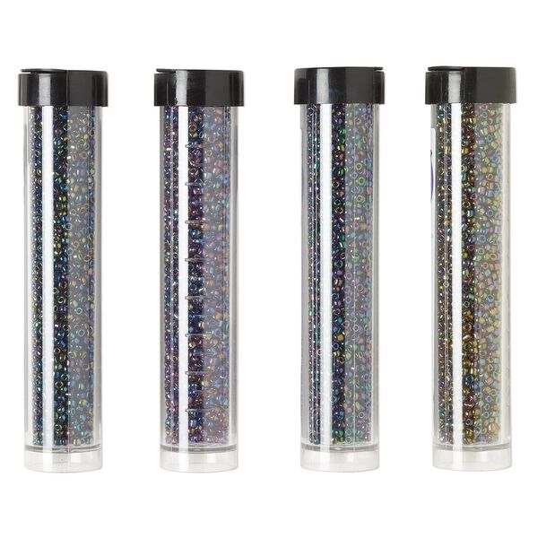 Seed bead assortment, Ming Tree™, glass, pkg/(4) 4 x 3/4 inch vials, #11 round, opaque and transparent rainbow iris purple, gold purple and peacock. image number 0