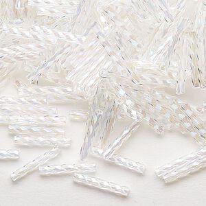Bugle bead, Dyna-Mites™, glass, translucent rainbow clear, 12mm twisted. Sold per 1/2 kilogram pkg.