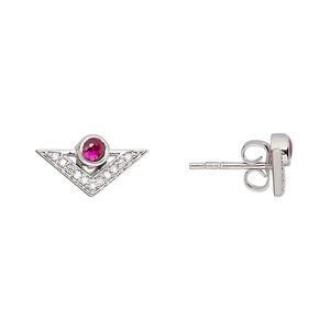 Earstud, Create Compliments®, cubic zirconia and rhodium-plated sterling silver, clear and fuchsia, 15x10x10mm triangle. Sold per pair.