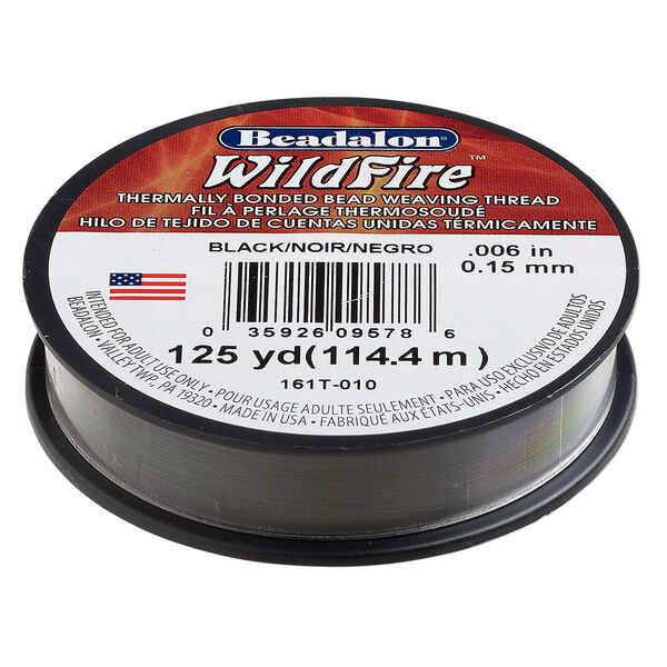 Thread, Beadalon® WildFire™, polyester and plastic, black, 0.15mm with bonded coating, 10-pound test. Sold per 125-yard spool. image number 0