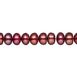 Pearl, cultured freshwater (dyed), dark red scarlet, 7-8mm button, C grade, Mohs hardness 2-1/2 to 4. Sold per 15-inch strand.
