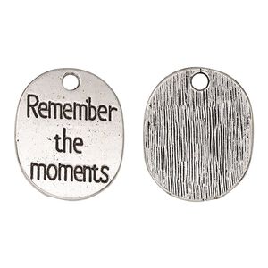 Drop, antique silver-finished "pewter" (zinc-based alloy), 22x18mm single-sided flat oval with "Remember the moments." Sold per pkg of 2.