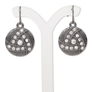 Earring, glass with gunmetal-finished "pewter" (zinc-based alloy) and brass, clear, 31mm with textured round and triangle design with fishhook ear wire. Sold per pair.