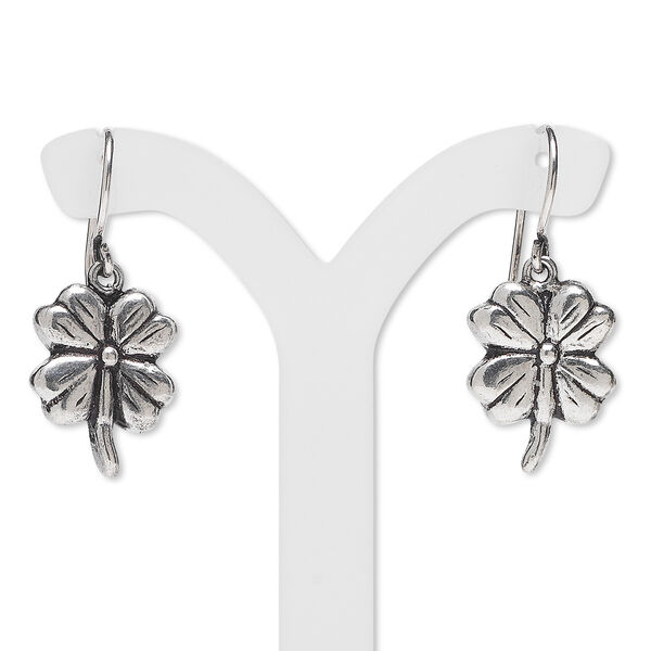 Earring, antiqued sterling silver, 16x13mm four-leaf clover with fishhook ear wire. Sold per pair. image number 0