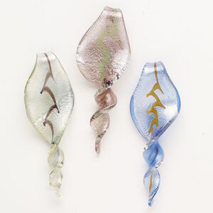 Random focal mix, lampworked glass, opaque mixed colors with silver-colored foil and copper-colored glitter, 2-1/2 x 1/2 to 3 x 1-1/2 inch twist. Sold per pkg of 3.