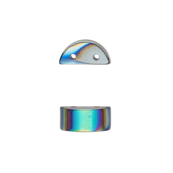Spacer, electroplated Hemalyke™ (man-made), rainbow, 13x6mm double-drilled flat half round, fits up to 5mm beads. Sold per pkg of 10. image number 0