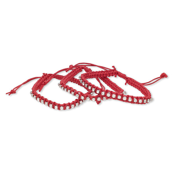 Bracelet, glass rhinestone / waxed cotton cord / silver-plated brass, red and clear, 7mm wide with cupchain, adjustable from 6-1/2 to 9-1/2 inches with macramé knot closure. Sold per pkg of 3. image number 0