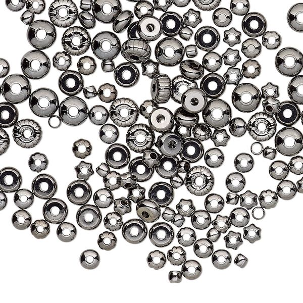 Bead, gunmetal-plated brass, 2mm-4.5x3mm assorted round and rondelle. Sold per pkg of 200. image number 0