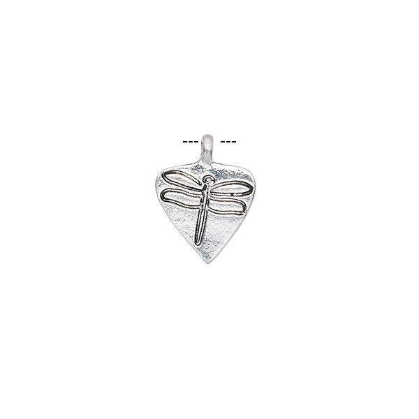 Drop, antique silver-plated "pewter" (zinc-based alloy), 10x10x10mm single-sided triangle with engraved dragonfly. Sold per pkg of 20. image number 0