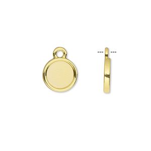 Drop, gold-finished brass, 10mm single-sided round with 8mm round setting. Sold per pkg of 10.