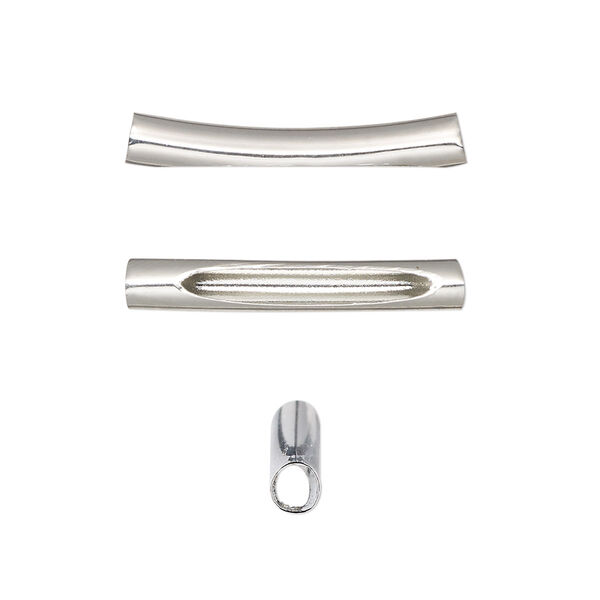 Bead, imitation rhodium-finished brass, 25x4mm curved tube with oval cutout. Sold per pkg of 10. image number 0