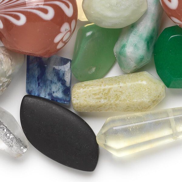 Bead mix, multi-gemstone (natural / dyed / manmade) and glass, mixed colors, 4mm-40x30mm mixed shapes. Sold per 1/4 pound pkg, approximately 40-55 beads. image number 0