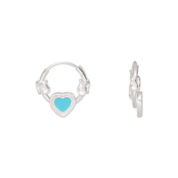 Earring, Create Compliments®, sterling silver and cubic zirconia, turquoise blue, 14mm round hoop with hearts. Sold per pair. image number 0