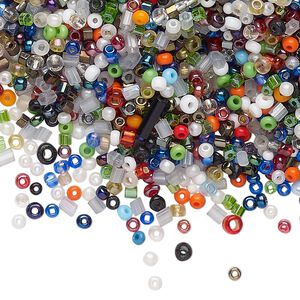 Seed bead mix, glass, pkg/100g, 12/0-6/0 mixed shapes, opaque to transparent multicolored.