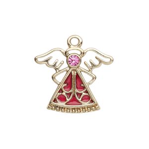 Charm, enamel / crystals / gold-finished "pewter" (zinc-based alloy), rose and pink, 24x19mm single-sided angel. Sold individually.