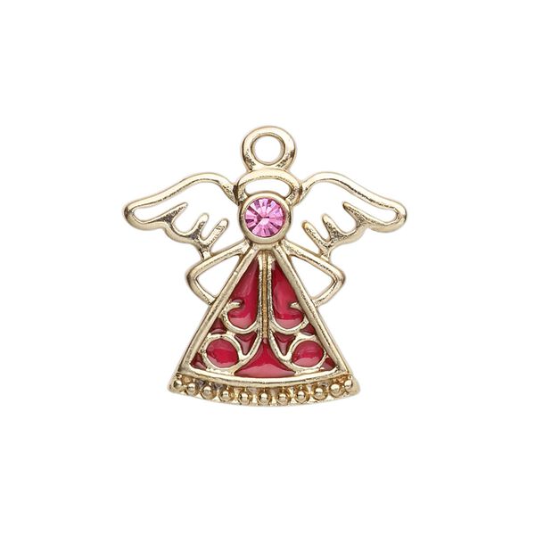 Charm, enamel / crystals / gold-finished "pewter" (zinc-based alloy), rose and pink, 24x19mm single-sided angel. Sold individually. image number 0