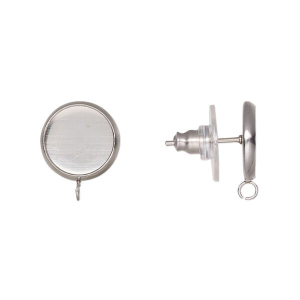 Earstud, Almost Instant Jewelry®, stainless steel and acrylic, 15mm with open loop and 10mm round flat back setting. Sold per pkg of 2. image number 0
