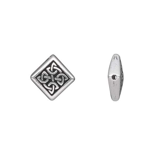 Bead, TierraCast®, antique silver-plated pewter (tin-based alloy), 13mm double-sided flat diamond with Celtic knot. Sold per pkg of 2. image number 0