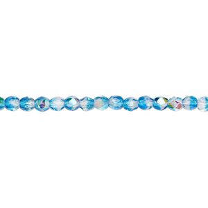 Bead, Czech fire-polished glass, two-tone, crystal/aqua AB, 3mm faceted round. Sold per 15-1/2" to 16" strand.