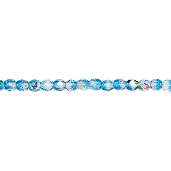 Bead, Czech fire-polished glass, two-tone, crystal/aqua AB, 3mm faceted round. Sold per 15-1/2" to 16" strand. image number 0