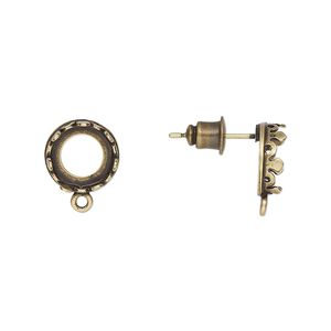 Earstud 1pkg2 JBB findings antique brass-plated, 10mm round / SS39 rivoli open back bezel setting / closed loop / earnuts, brass / rubber 1 pair