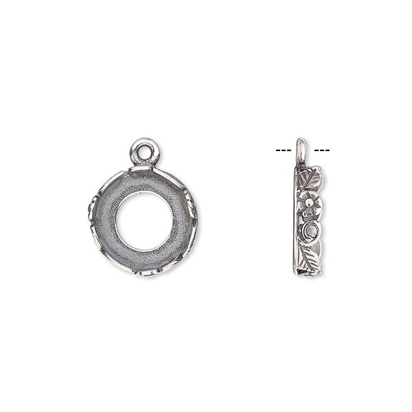 Drop, JBB Findings, antique silver-plated brass, 12mm round with open back and flower and leaf design trim, 10mm round bezel setting. Sold per pkg of 2. image number 0