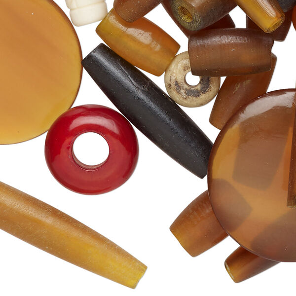 Bead and component mix, bone and horn (bleached/dyed), mixed colors, 3mm-79x8mm mix shape. Sold per 1/4 lb pkg, approximately 35 beads. image number 0