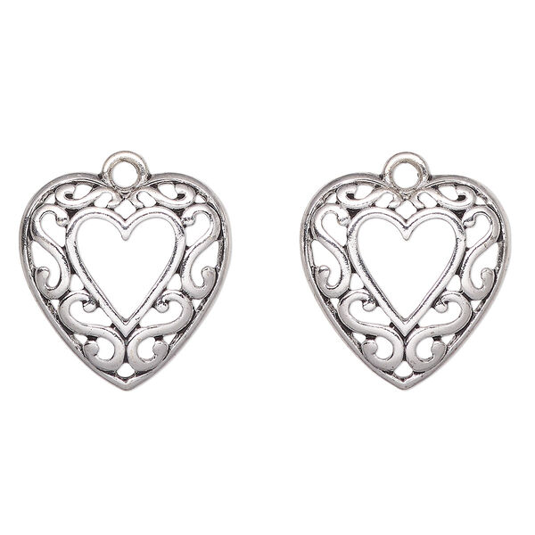 Charm, antique silver-finished "pewter" (zinc-based alloy), 21mm cutout heart with heart swirls. Sold per pkg of 2. image number 0
